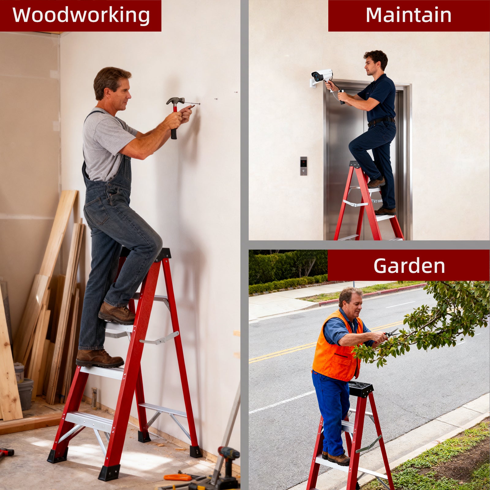 Fiberglass Step Ladder — Non‑Conductive, 330 lb Capacity, Safety Red, 11" Step Spacing