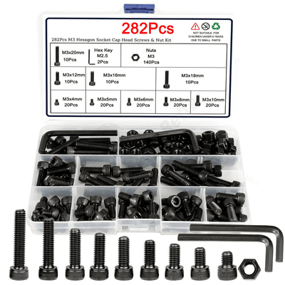 282Pcs M3 Black Hexagon Socket Cup Head Screws Bolts & Nut Kit 12.9 High Tensile