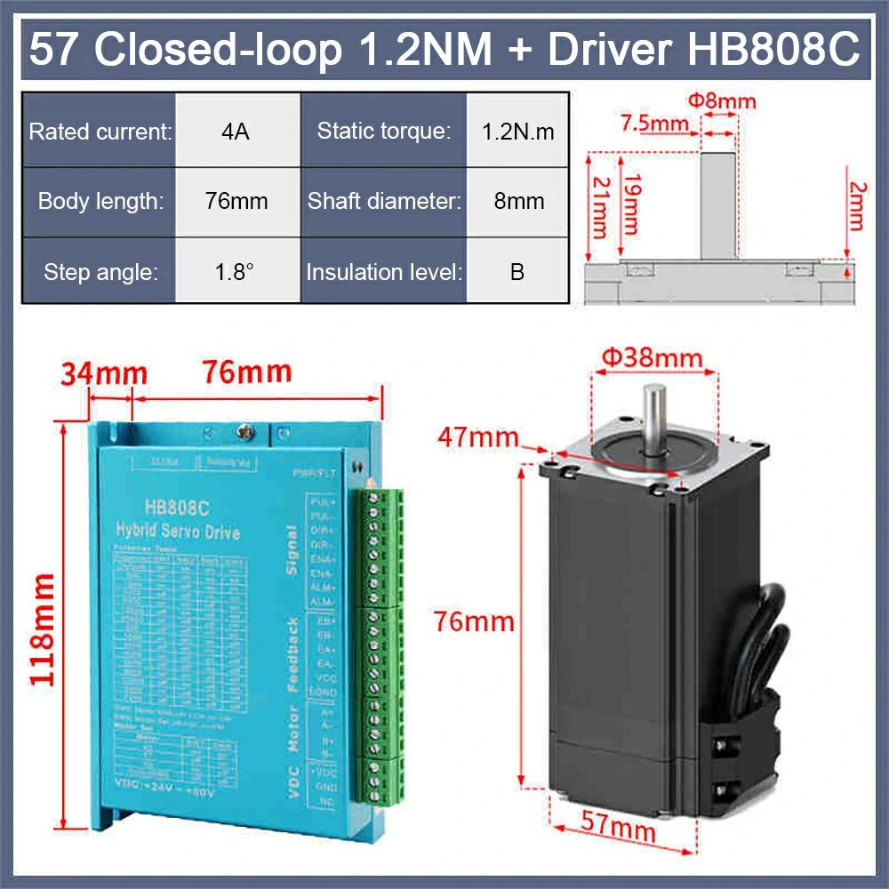 Nema 23 Closed - loop Stepper Motor Hybrid 1.2N 2.2N 3N 4A Servo Driver HB808C Kit - HomeDIYer