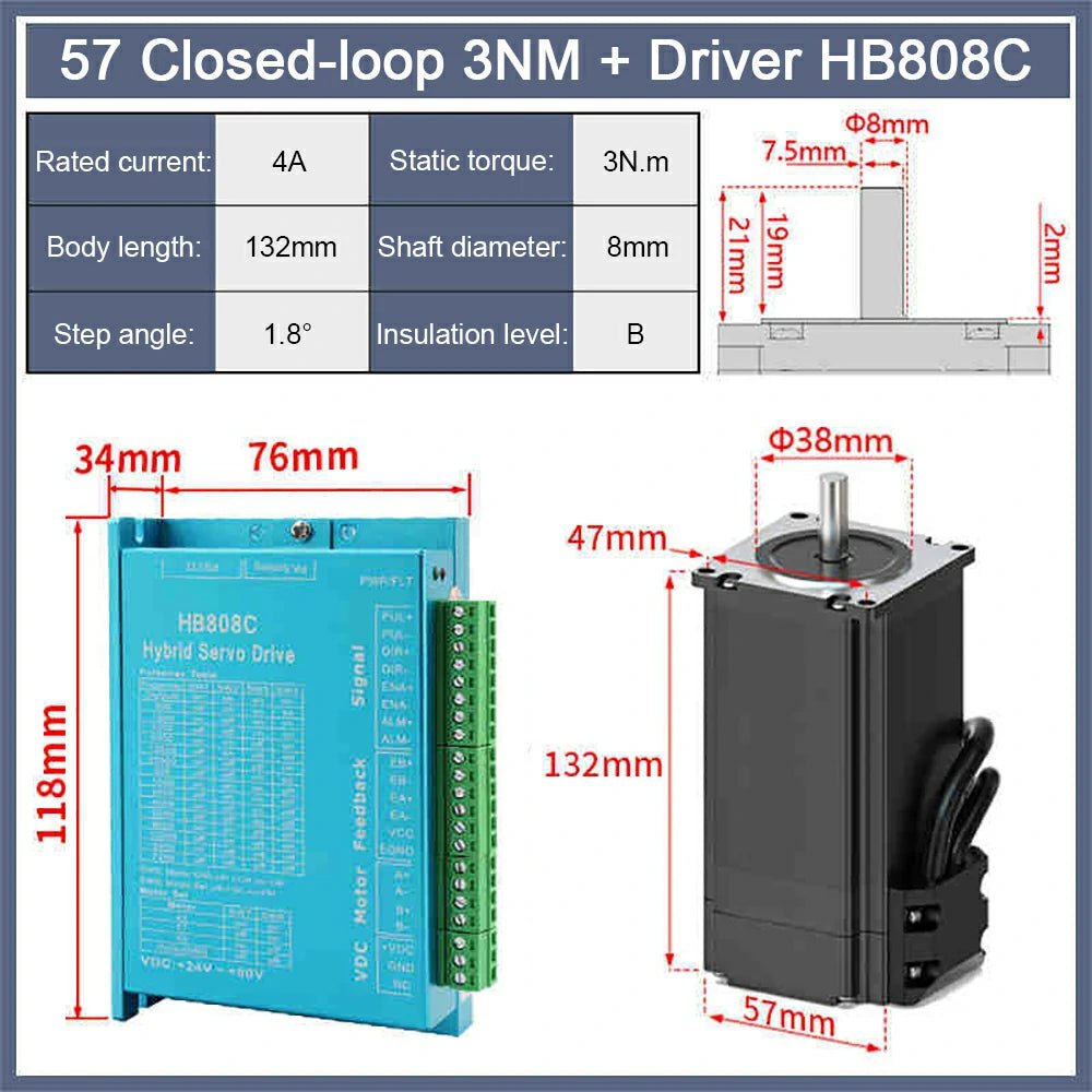 Nema 23 Closed - loop Stepper Motor Hybrid 1.2N 2.2N 3N 4A Servo Driver HB808C Kit - HomeDIYer