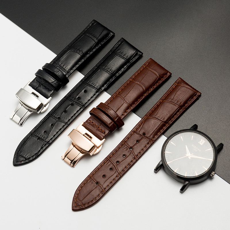 Genuine Leather Watch Strap with Butterfly Clasp — Multiple Colors & Sizes
