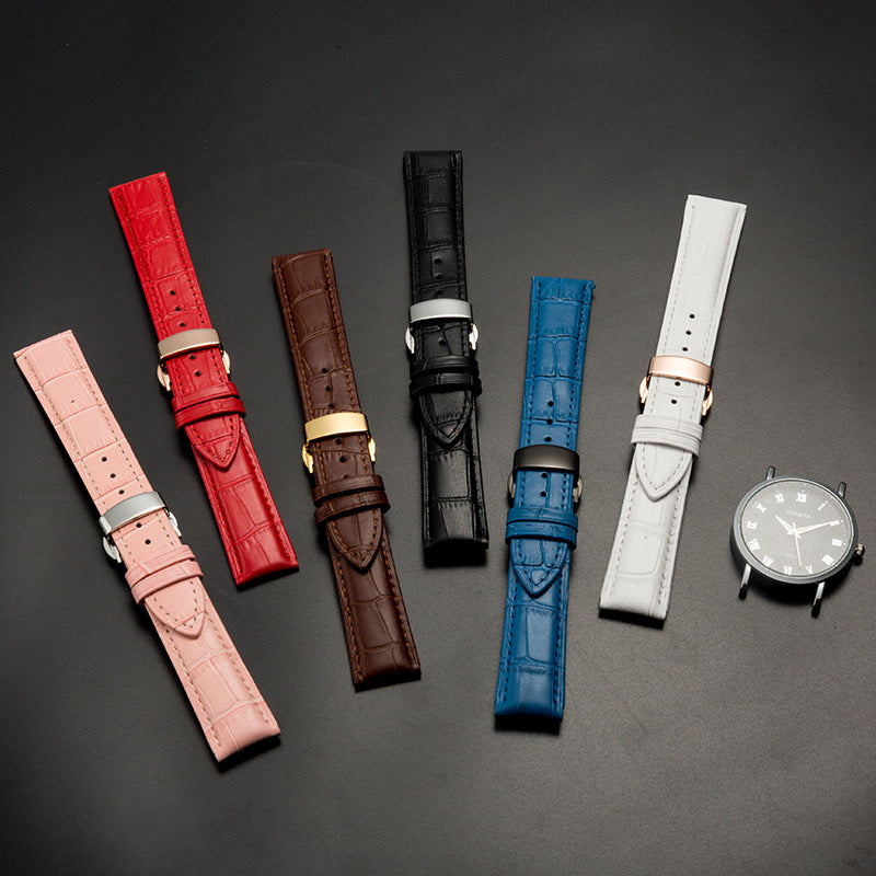 Genuine Leather Watch Strap with Butterfly Clasp — Multiple Colors & Sizes