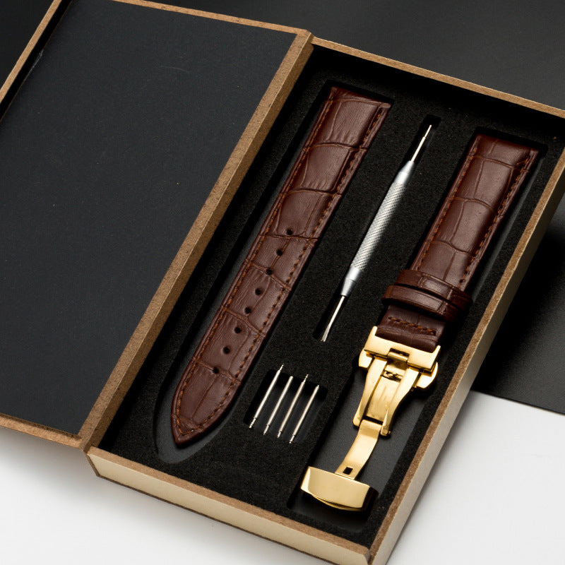 Genuine Leather Watch Strap with Butterfly Clasp — Multiple Colors & Sizes