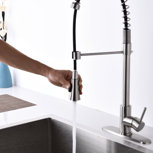 Brushed Nickel Single Handle Commercial Modern Spring High Arc Kitchen Faucet Water Filter System Bends as You Want - HomeDIYer