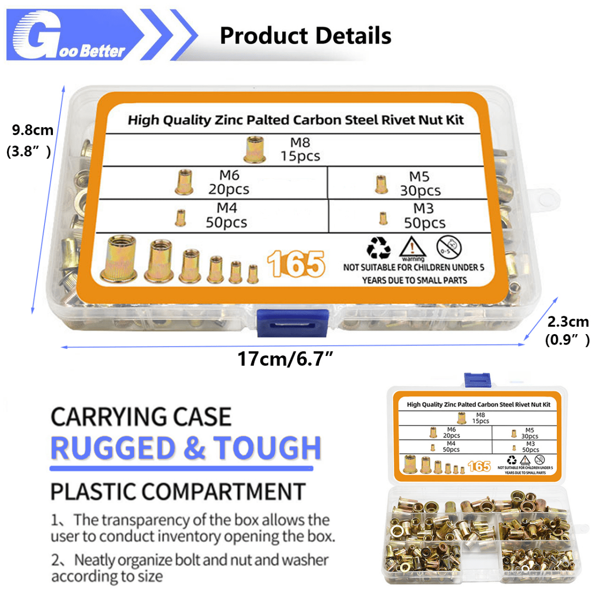 165Pcs Rivet Nut Kit M3 - M8 Carbon Steel Flat Head Rivnut Threaded Insert Nutsert - HomeDIYer