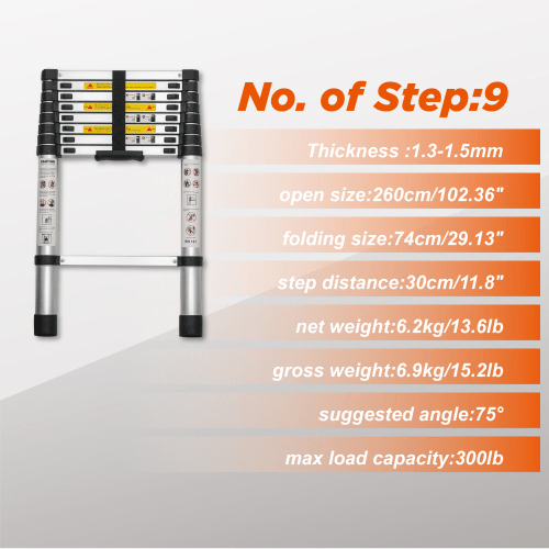 Telescoping Ladder 8.5FT, Telescopic Extension Ladder, Aluminum Alloy Folding Ladder Portable Multi - Purpose for Indoor Outdoor Work, Heavy Duty 300 lbs Load - HomeDIYer