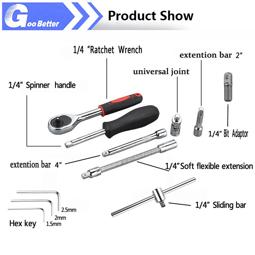 46PCS 1/4 Socket Ratchet Wrench Set Impact Socket Bit Kit Automotive Repair Tool - HomeDIYer