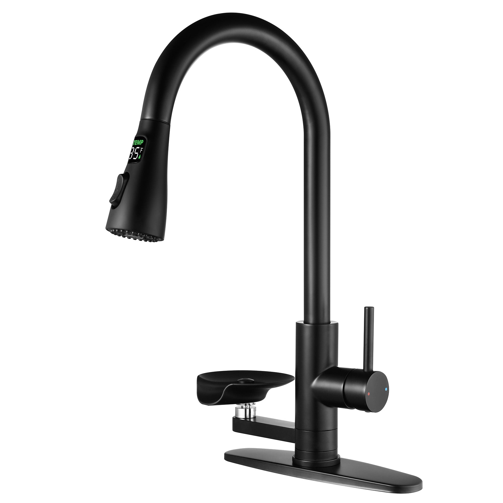 3-in-1 Kitchen Faucet with 3-Color LED Temperature Display, Press-Type Glass Rinser, High-Arc Pull-Down Sprayer, 3 Spray Modes, Matte Black Finish for Modern Kitchen Sink
