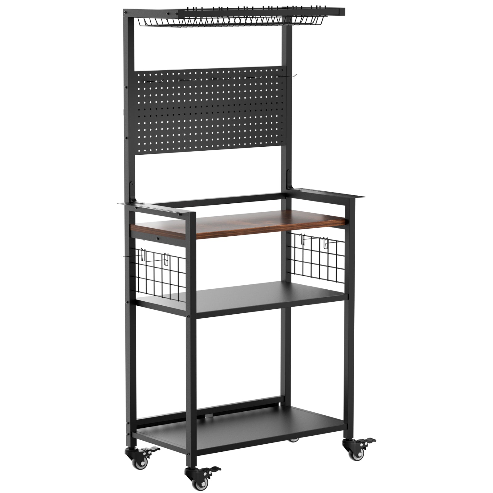 Rolling Fishing Rod Storage Rack with Pegboard, Multi-Tier Tackle Organizer Cart for Rods, Reels & Tackle Boxes, Lockable Wheels, Black