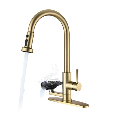 3-in-1 Kitchen Faucet with Press-Type Glass Rinser, Universal for 1 & 3 Holes, High-Arc Pull-Down Sprayer with 3 Function Spray Mode, Brushed Gold Finish