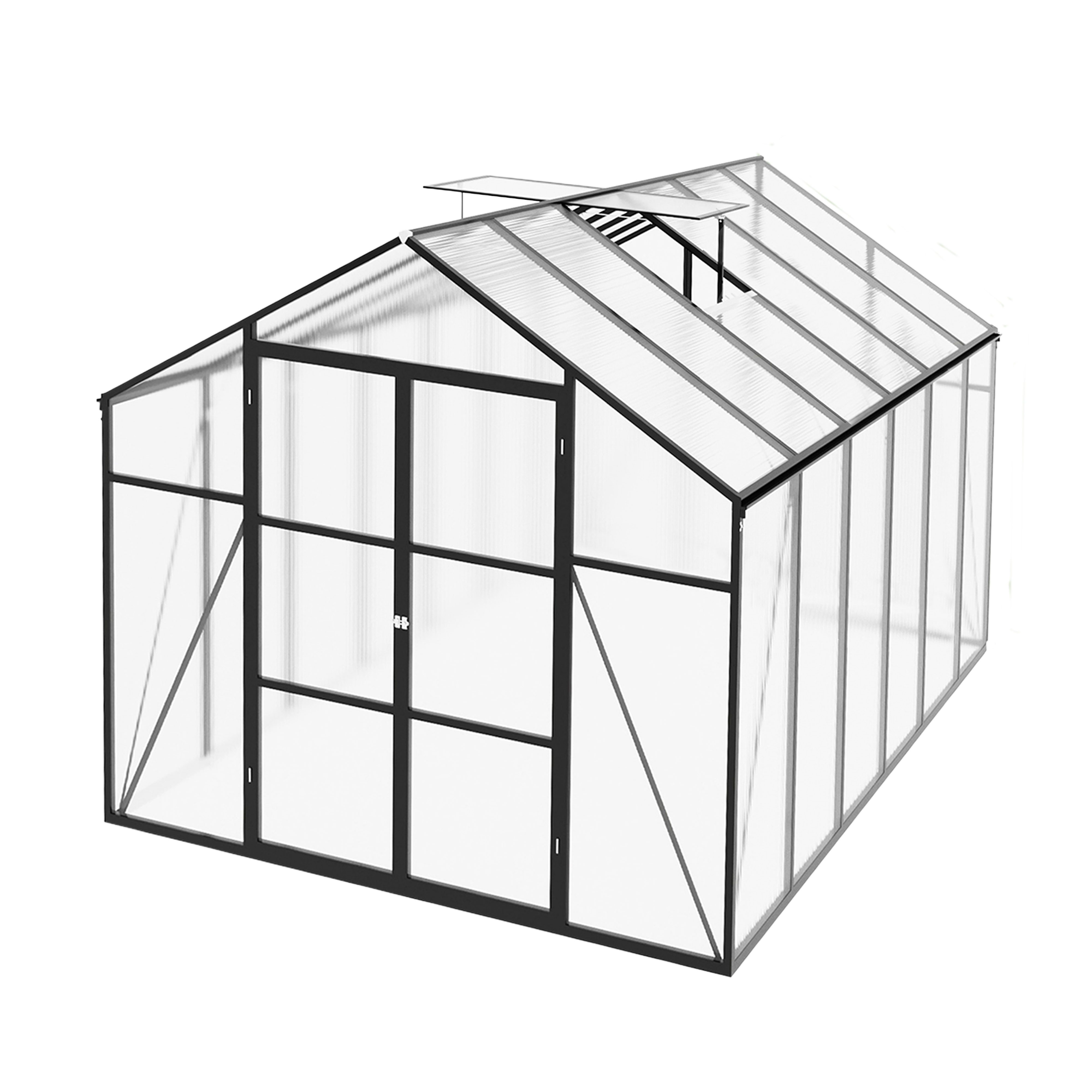 8ft x 12ft Heavy‑Duty Aluminum Walk‑In Greenhouse — 4mm Polycarbonate Panels Raised Base & Drainage System Black