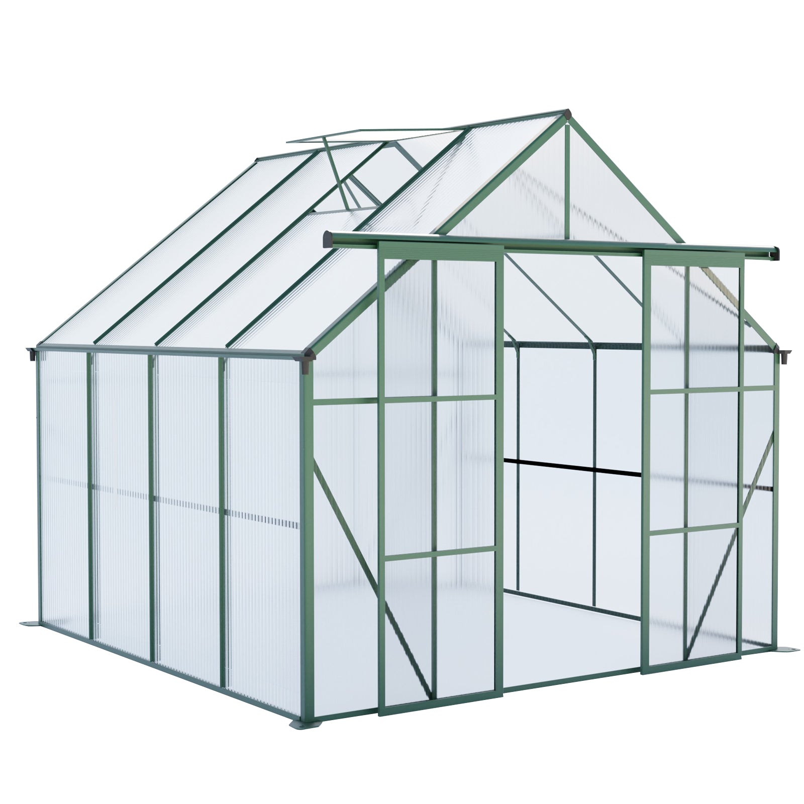 8ft x 8ft Heavy‑Duty Aluminum Walk‑In Greenhouse — Double Doors Polycarbonate Panels & Drainage System Green
