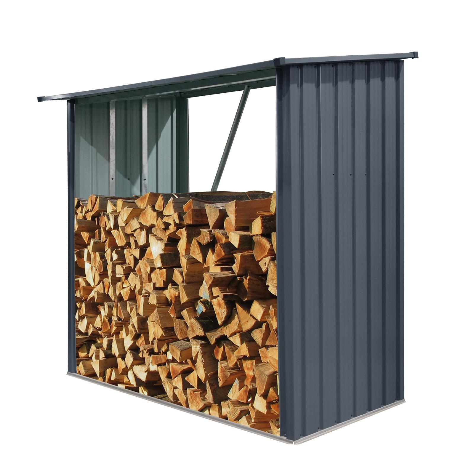 Outdoor Steel Firewood Rack with Sloped Roof Wood Shed — 85.5" Wide, Black