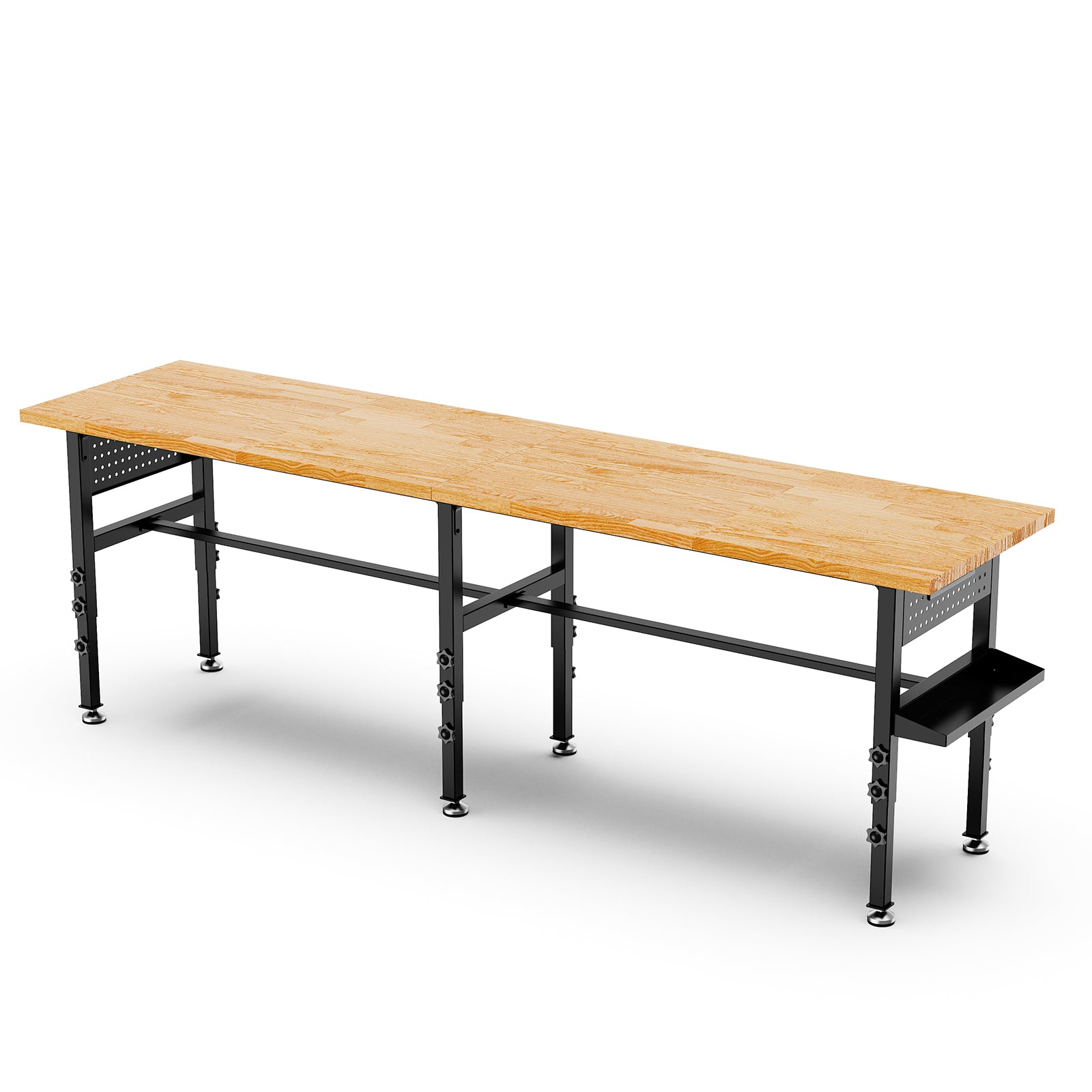 96" Adjustable Workbench with Side Pegboard, Solid Wood Top, 2000 lb Capacity, Power Outlet, Storage Box & Wheels