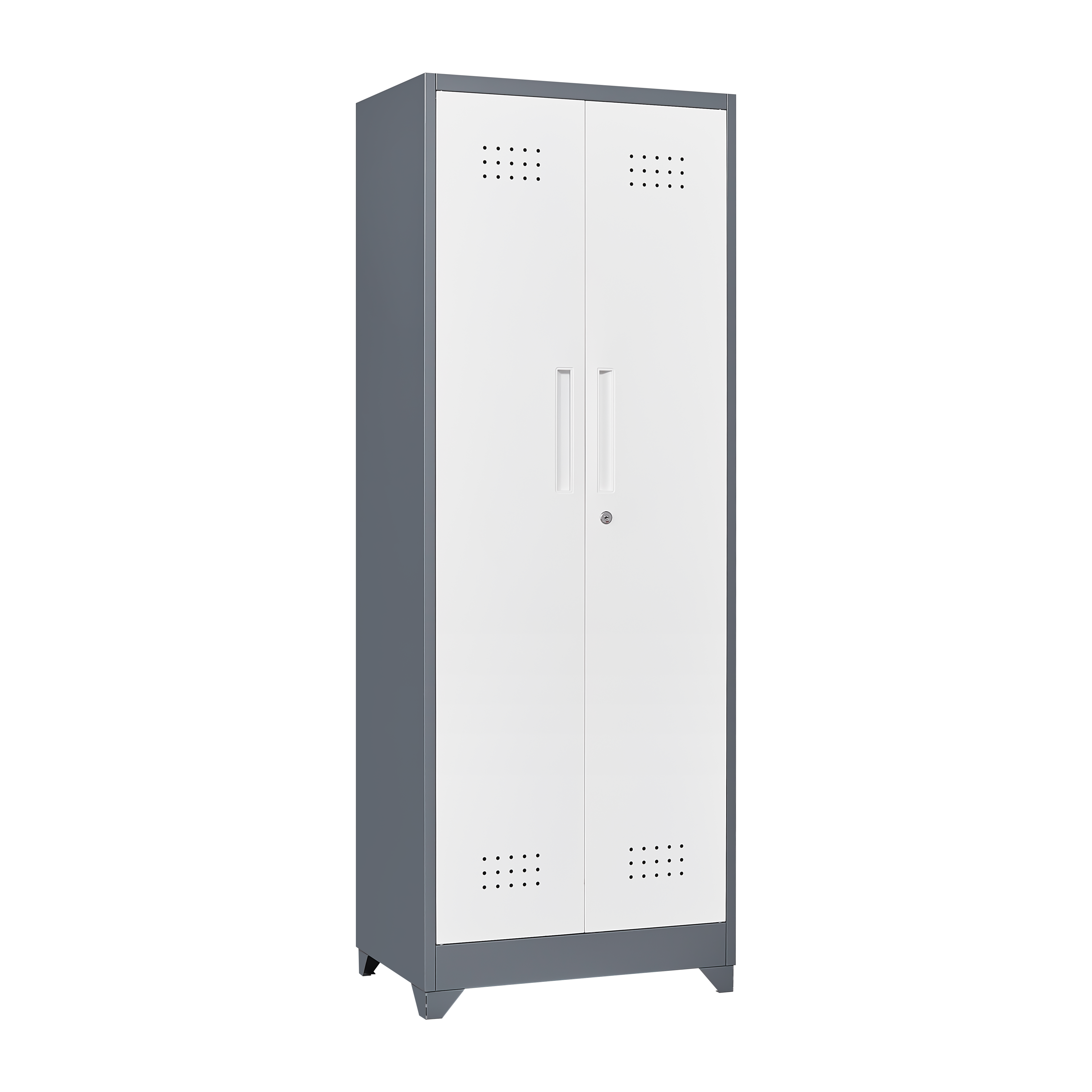 Broom Storage Cabinet With Locking Doors And Shelves, 65" H Metal Storage Cabinet With Hanging Rod & S-Hooks, Cleaning Tool Storage Cabinet Grey