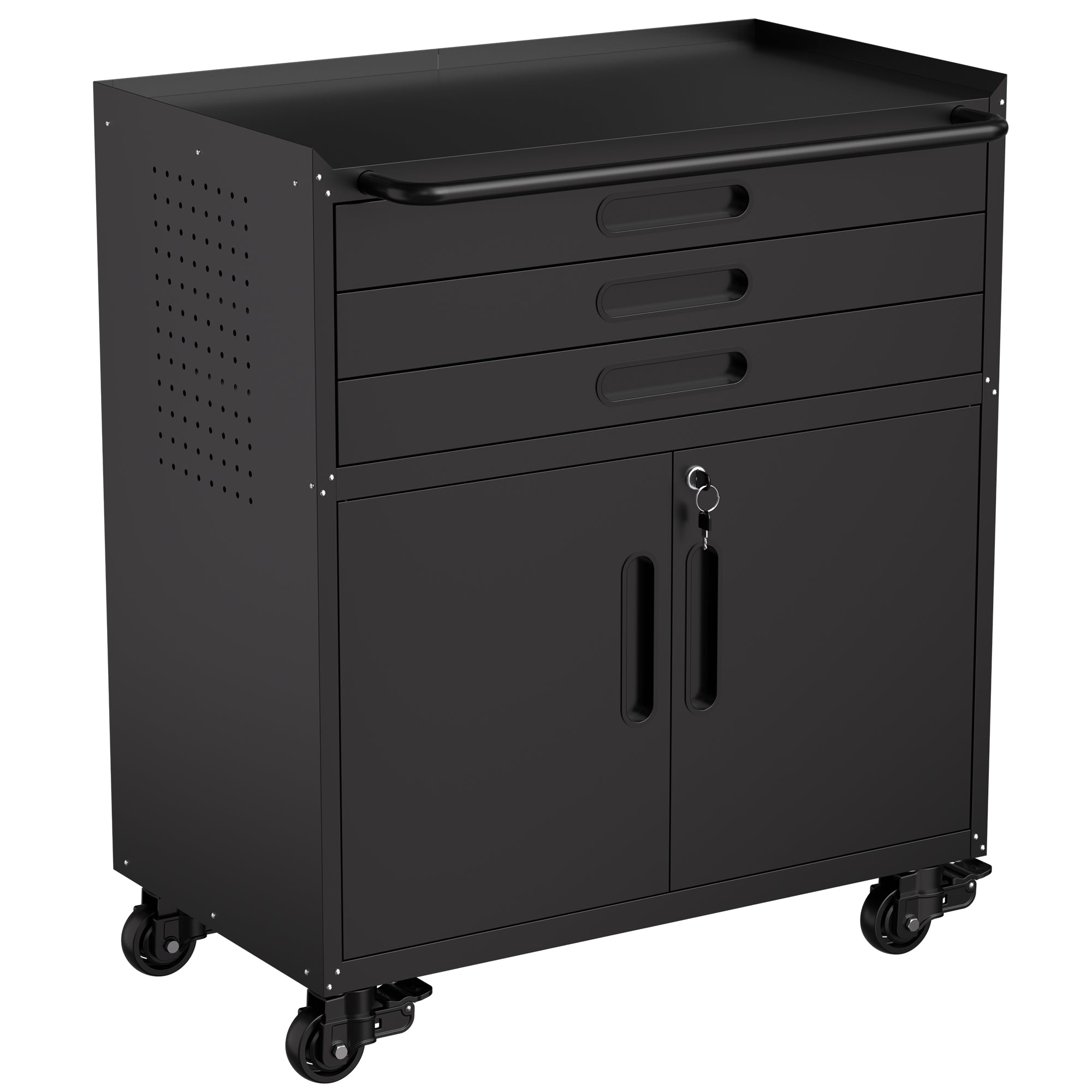34.3" Rolling Metal Tool Cabinet - Heavy Duty Garage Storage with Lockable Doors & 3 Drawers, Mobile Workbench Organizer for Garage, Workshop, Home