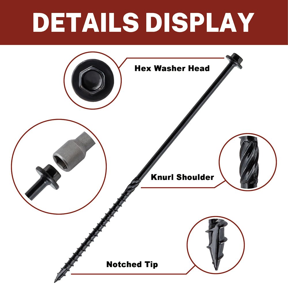 14 x 8" Hex Head Heavy Duty Black Timber Outdoor Log/Landscaping Wood Screw & Hex Socket 50Pcs - HomeDIYer