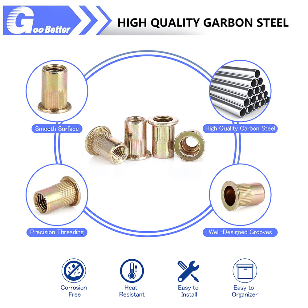 165Pcs Rivet Nut Kit M3 - M8 Carbon Steel Flat Head Rivnut Threaded Insert Nutsert - HomeDIYer