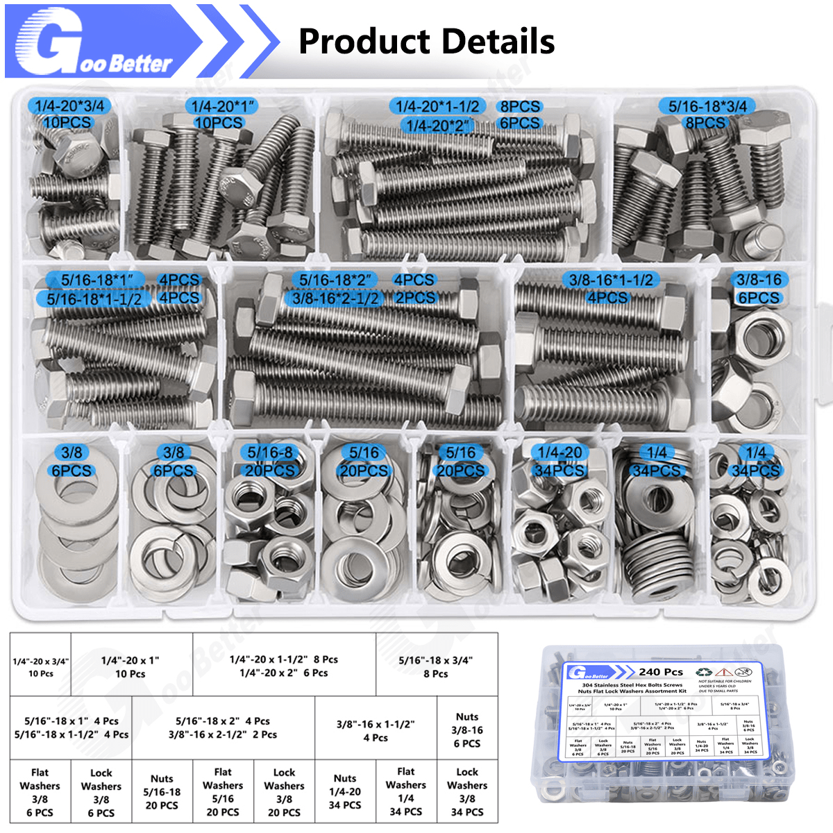240 Pcs 1/4'' 5/16'' 3/8'' A2 Stainless Steel Hex Bolts Nuts Washers Assortment Kit - HomeDIYer