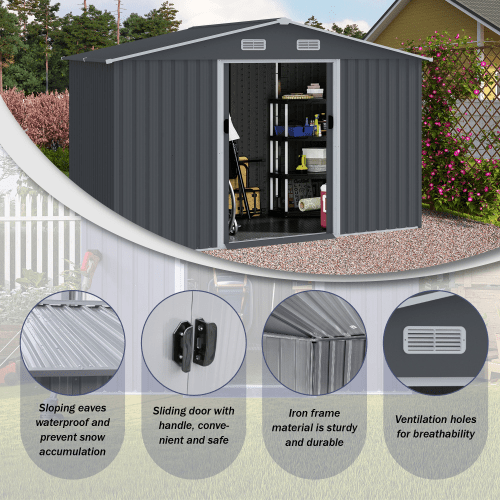 8 x 10 FT Outdoor Storage Shed Large Metal Tool Sheds, Heavy Duty Storage House with Sliding Doors with Air Vent for Backyard Patio Lawn to Store Bikes, Tools, Lawnmowers Grey - HomeDIYer