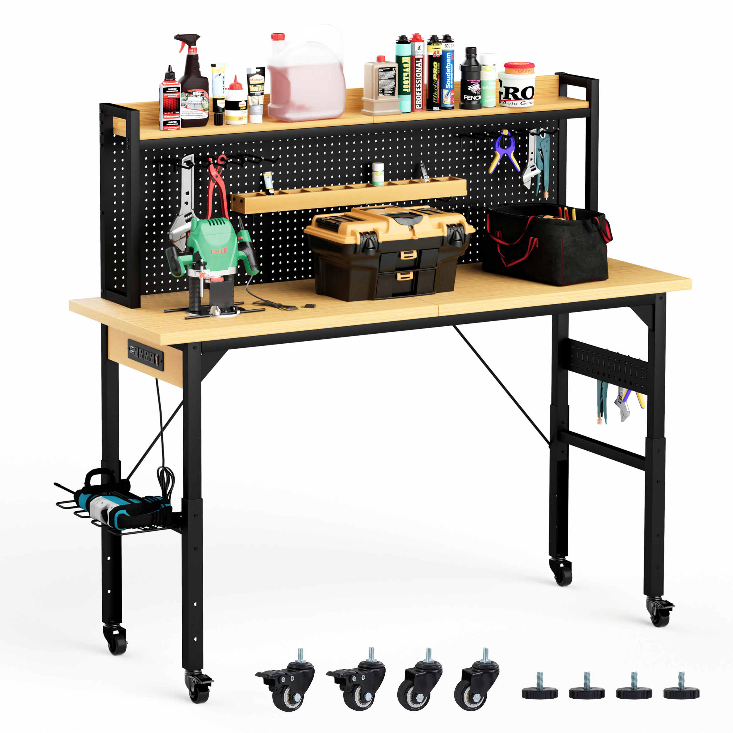 71" Adjustable Rolling Workbench with Pegboard, 1600 lb Capacity, AC Outlets, USB Ports & 18 Hooks, Natural