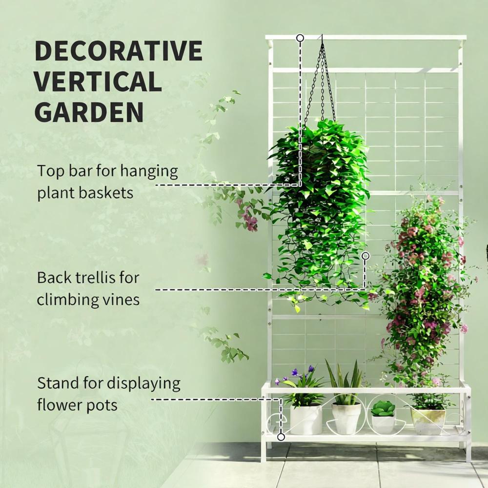 White Plant Holder,Metal Tall Plant Stand with Trellis and Hanging Bar,for Indoor Outdoor Use