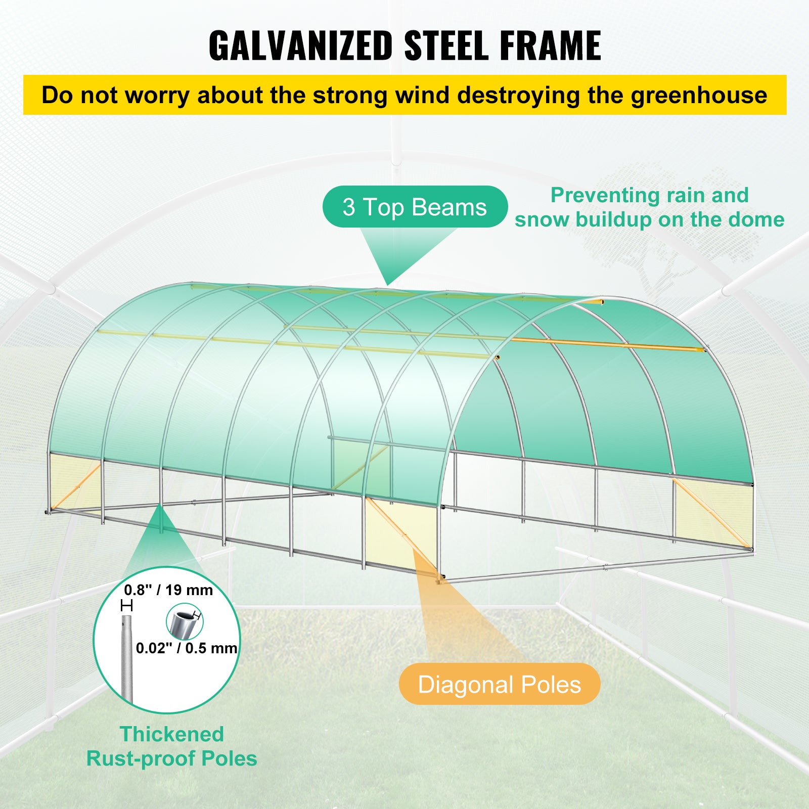 20ft x 10ft x 7ft Walk‑In Tunnel Greenhouse — Galvanized Steel Frame Roll‑Up Windows & Zippered Doors Green