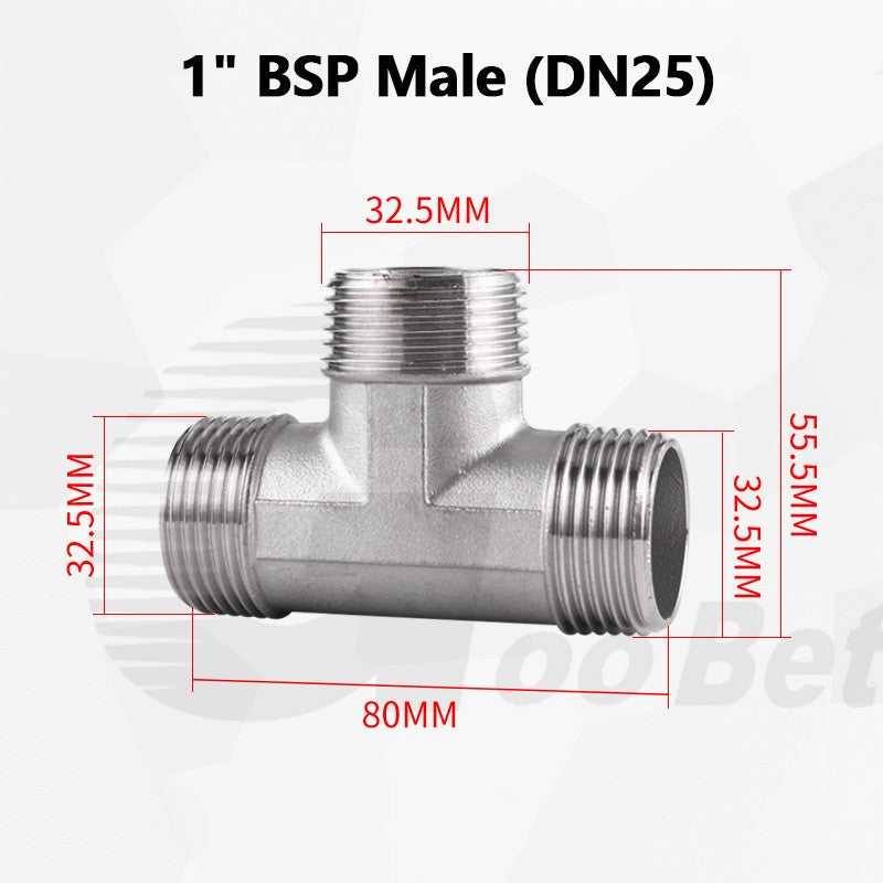 304 Stainless Steel BSP Tee Pipe Fitting — Male & Female Thread, 1/2" to 2"