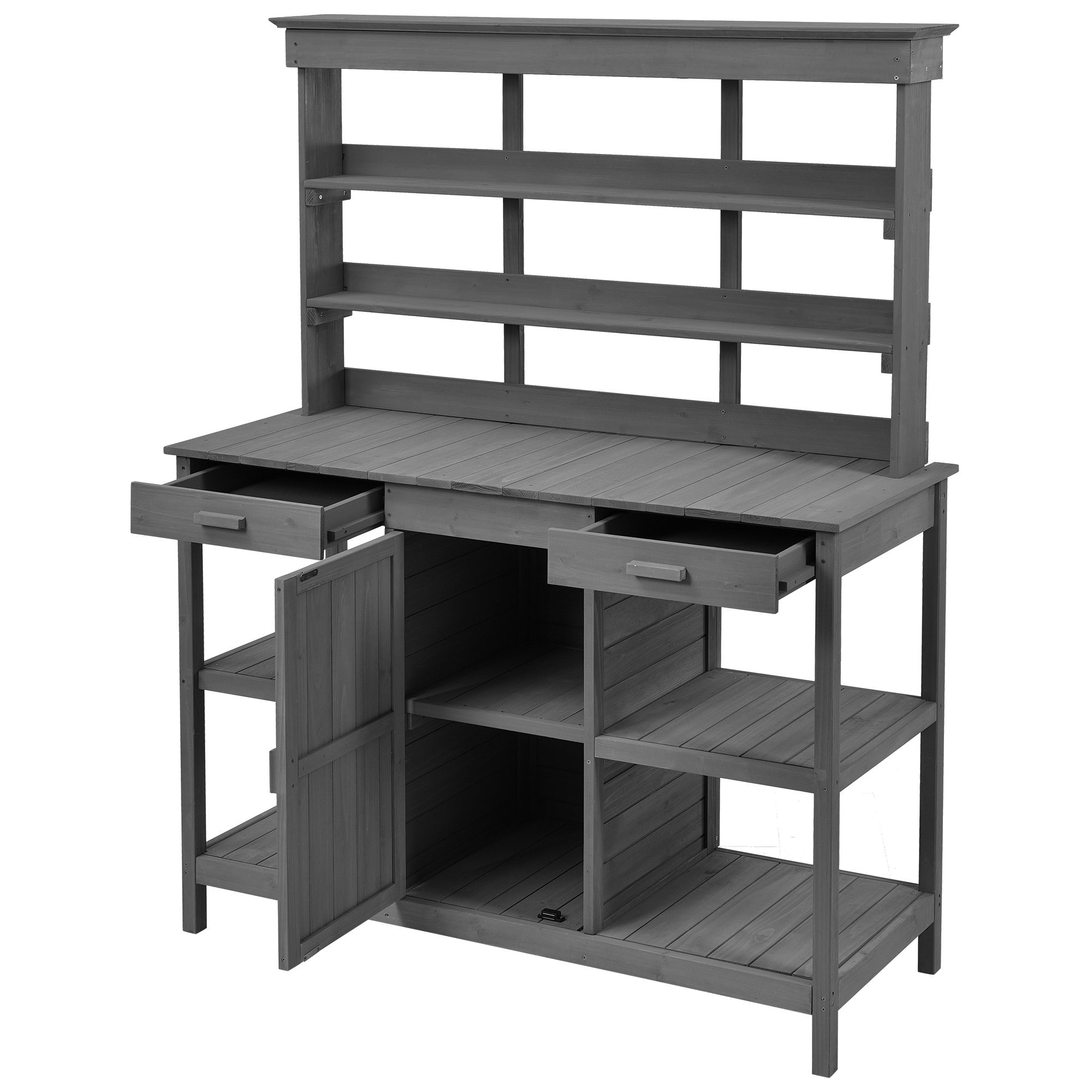 TOPMAX 66'' Large Outdoor Farmhouse Wooden Potting Bench Table, Garden Workstation with 2 Drawers,Cabinet and Open Shelves for Backyard, Mudroom, Gray