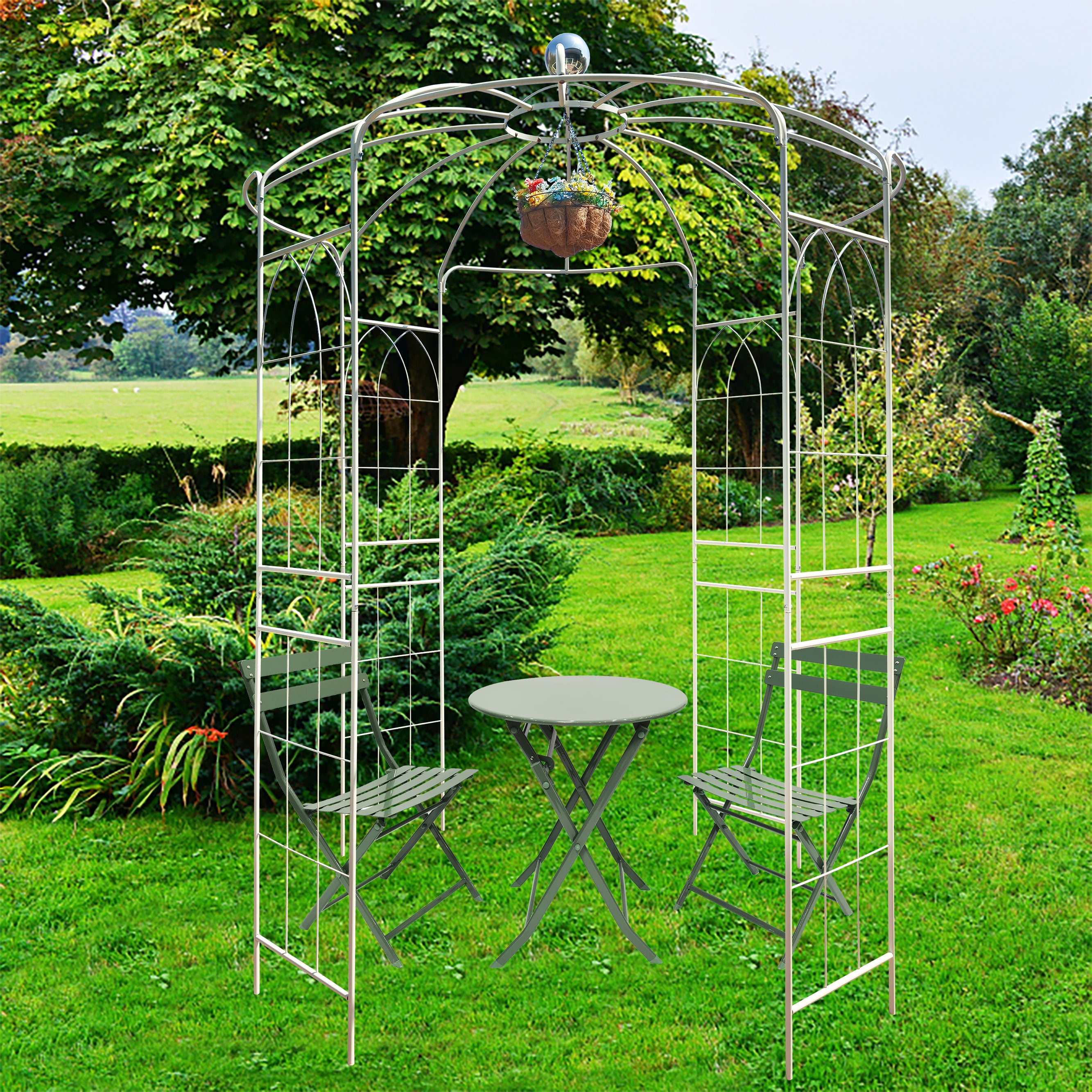 Metal Garden Arch Iron Garden Arbors Gazebo Dia 81.3'' x 114.2'' High Birdcage Shape Pergola Pavilion for Wedding Ceremony Cream White