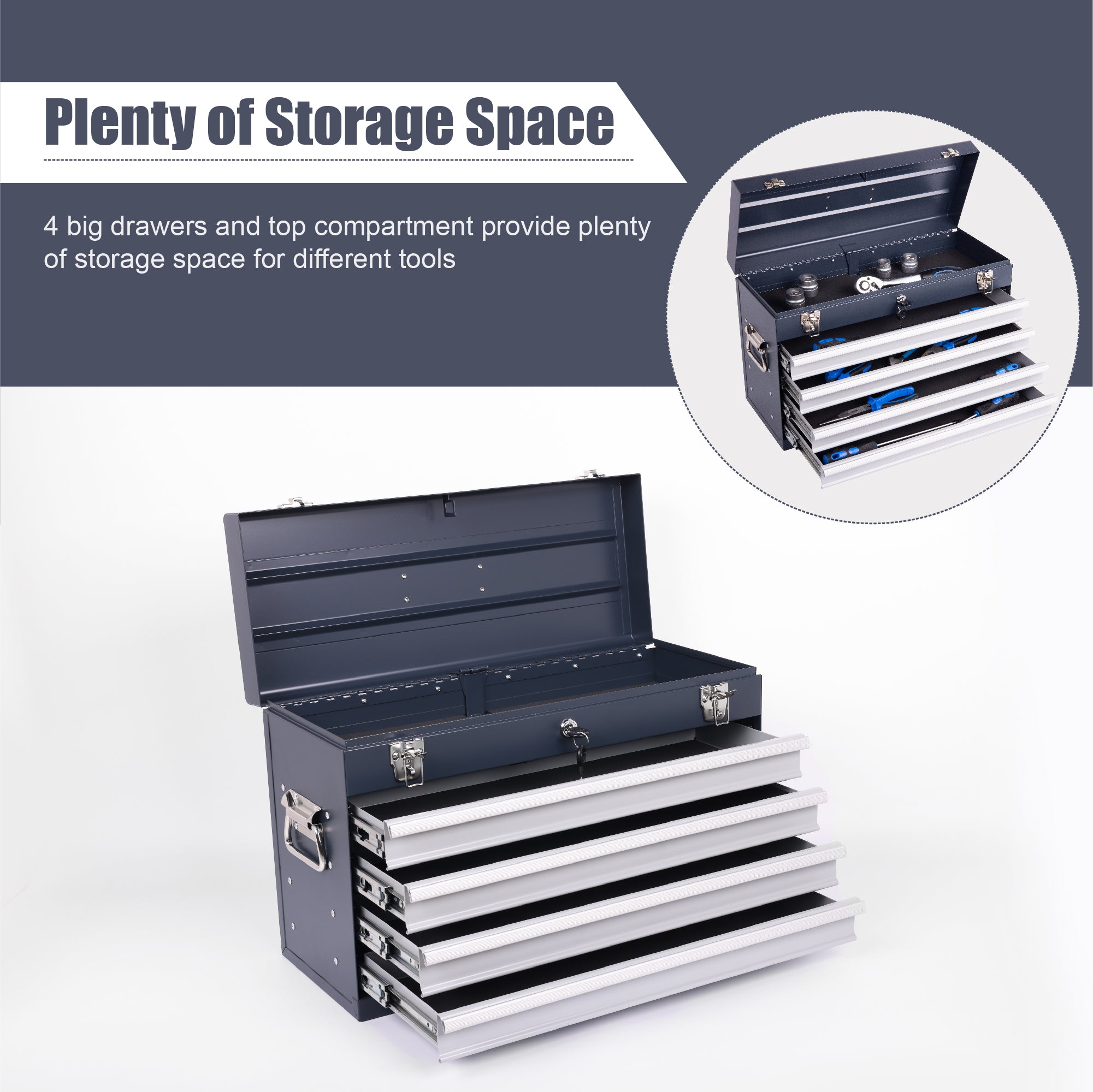 21" Professional Antique Grey Steel Tool Box | 4 Ball-Bearing Drawers