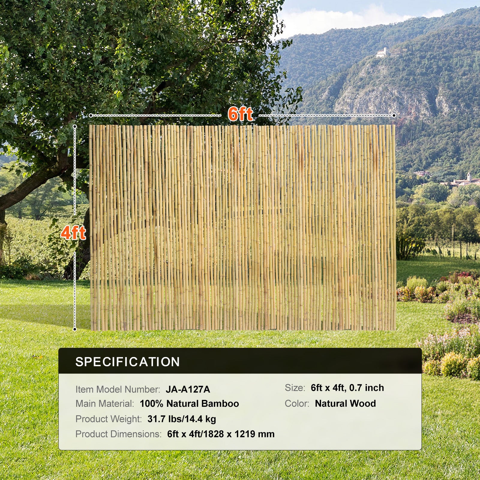 4 ft H x 6 ft L Natural Rolled Bamboo Fence Panel — Outdoor Privacy Screen, Garden & Patio Decor