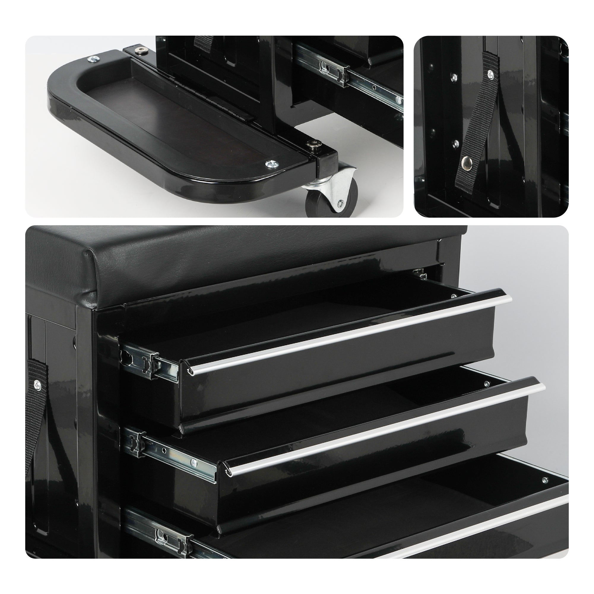 3-Drawer Tool Chest Rolling Mechanic Seat with Tool Trays,350lbs Max Weight Capacity,Black