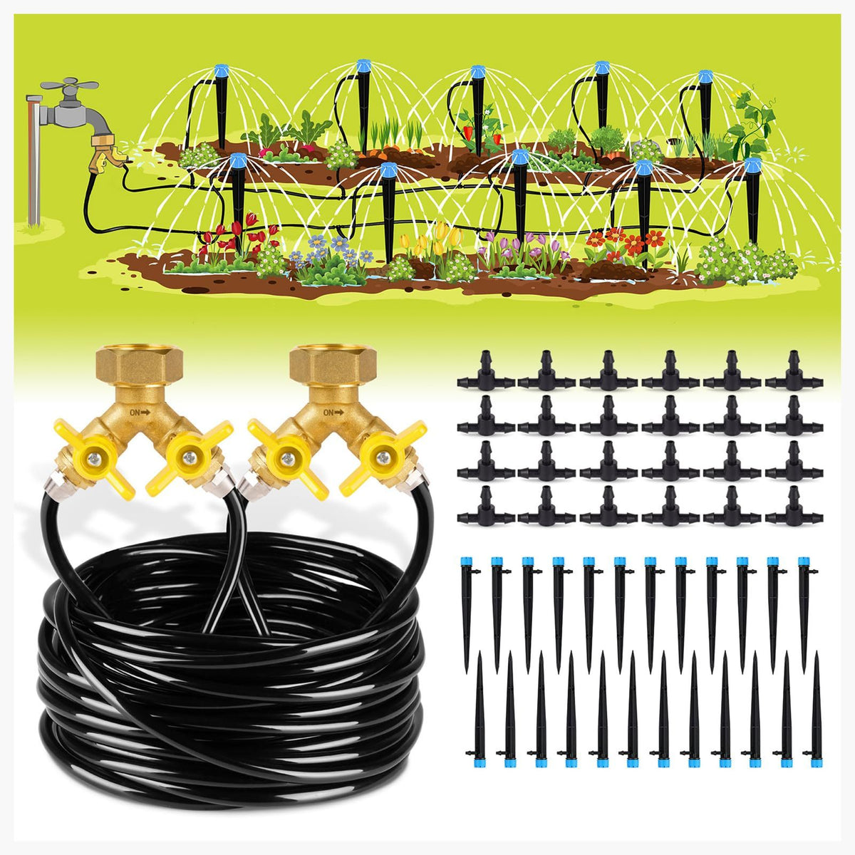 100 ft Drip Irrigation Kit Adjustable Emitters Brass Splitter 8x5mm Tubing Garden Greenhouse Flower Bed Lawn | HomeDIYer