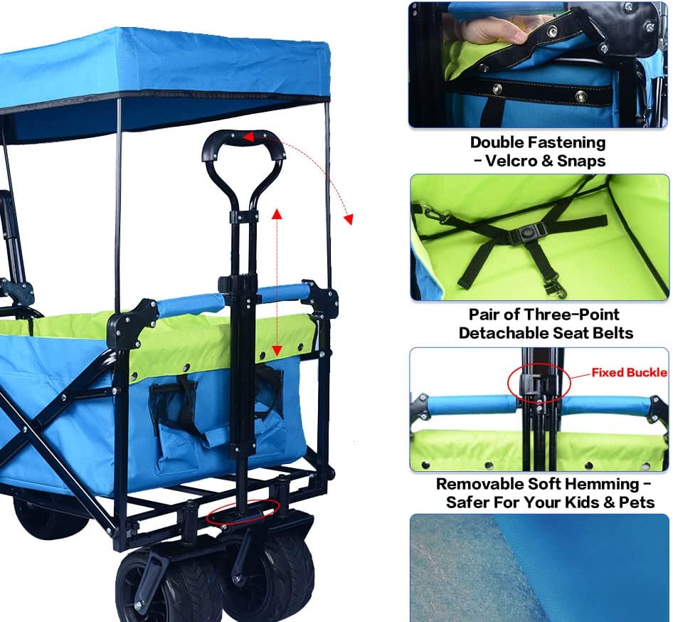 Collapsible Wagon 140L Wagons Carts Foldable with Removable Canopy, Folding Wagon Cart with Wheels for All-Terrain with Brake, Foldable Wagon with Cooler Bag, for Camping Beach Shopping