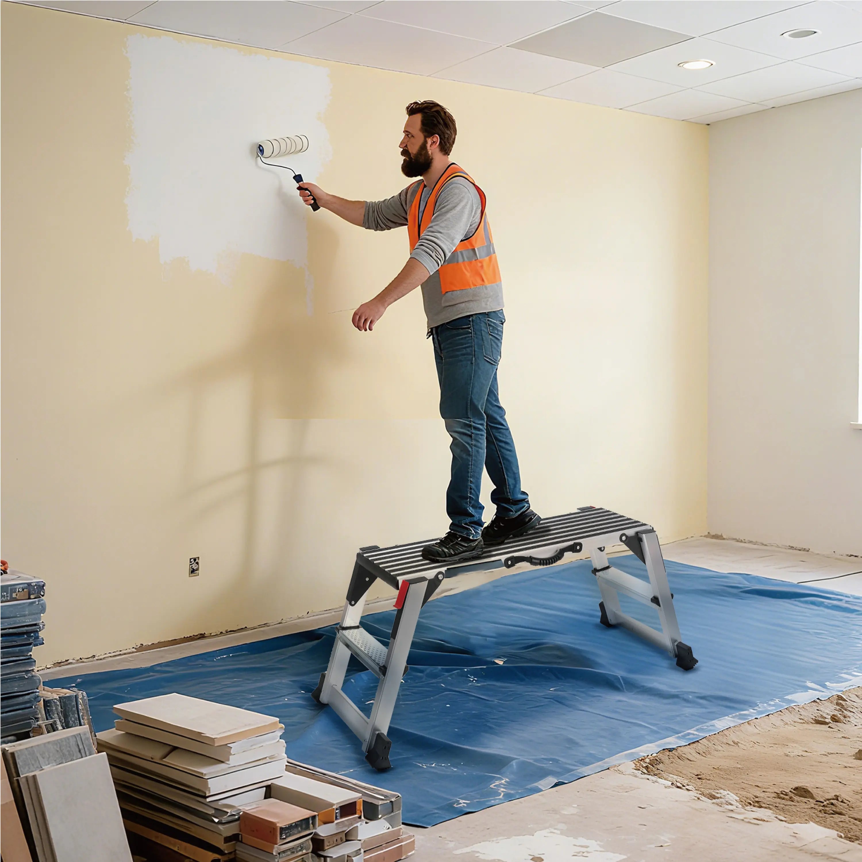 Folding Aluminum Work Platform — 660 lb Heavy‑Duty Capacity, Non‑Slip Surface, Antique Natural, Ideal for Painting & Washing
