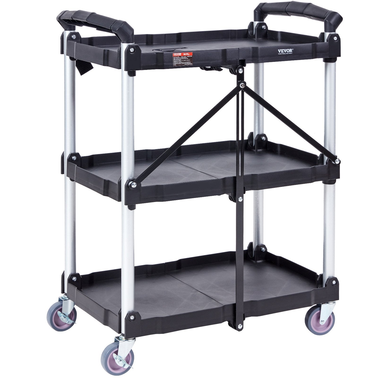 Foldable Utility Service Cart, 3 Shelf 165LBS Heavy Duty Plastic Rolling Cart with Lockable Wheels, Ergonomic Handle, Portable Garage Tool Cart for Warehouse/Office/Home(25.62"x15.43"x32.76")