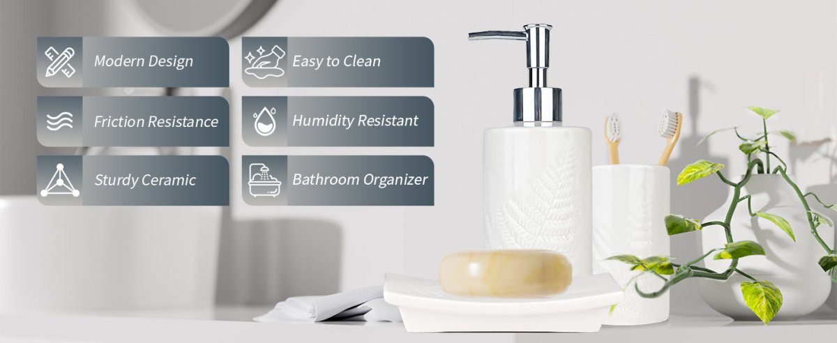 Bathroom Accessory Set, 3 Pcs Ceramic Sets with Toothbrush Holder, Soap Dispenser, Soap Dish, Modern Bathroom Sink Set Vanity Countertop Decor, White Tumbler Cup with Leaf - Look - HomeDIYer