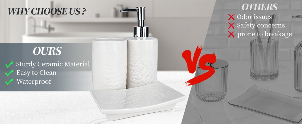 Bathroom Accessory Set, 3 Pcs Ceramic Sets with Toothbrush Holder, Soap Dispenser, Soap Dish, Modern Bathroom Sink Set Vanity Countertop Decor, White Tumbler Cup with Leaf - Look - HomeDIYer