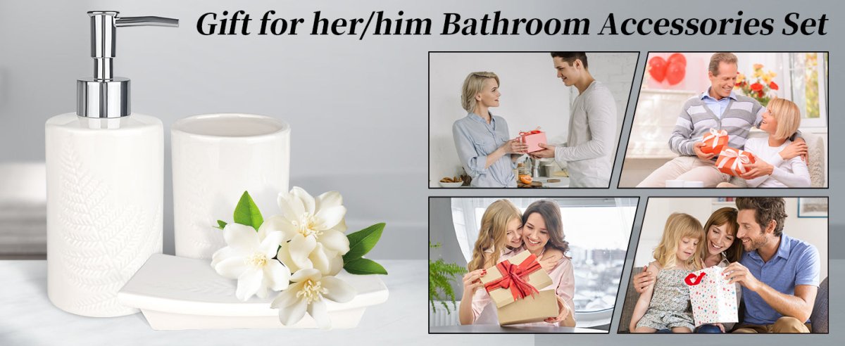 Bathroom Accessory Set, 3 Pcs Ceramic Sets with Toothbrush Holder, Soap Dispenser, Soap Dish, Modern Bathroom Sink Set Vanity Countertop Decor, White Tumbler Cup with Leaf - Look - HomeDIYer