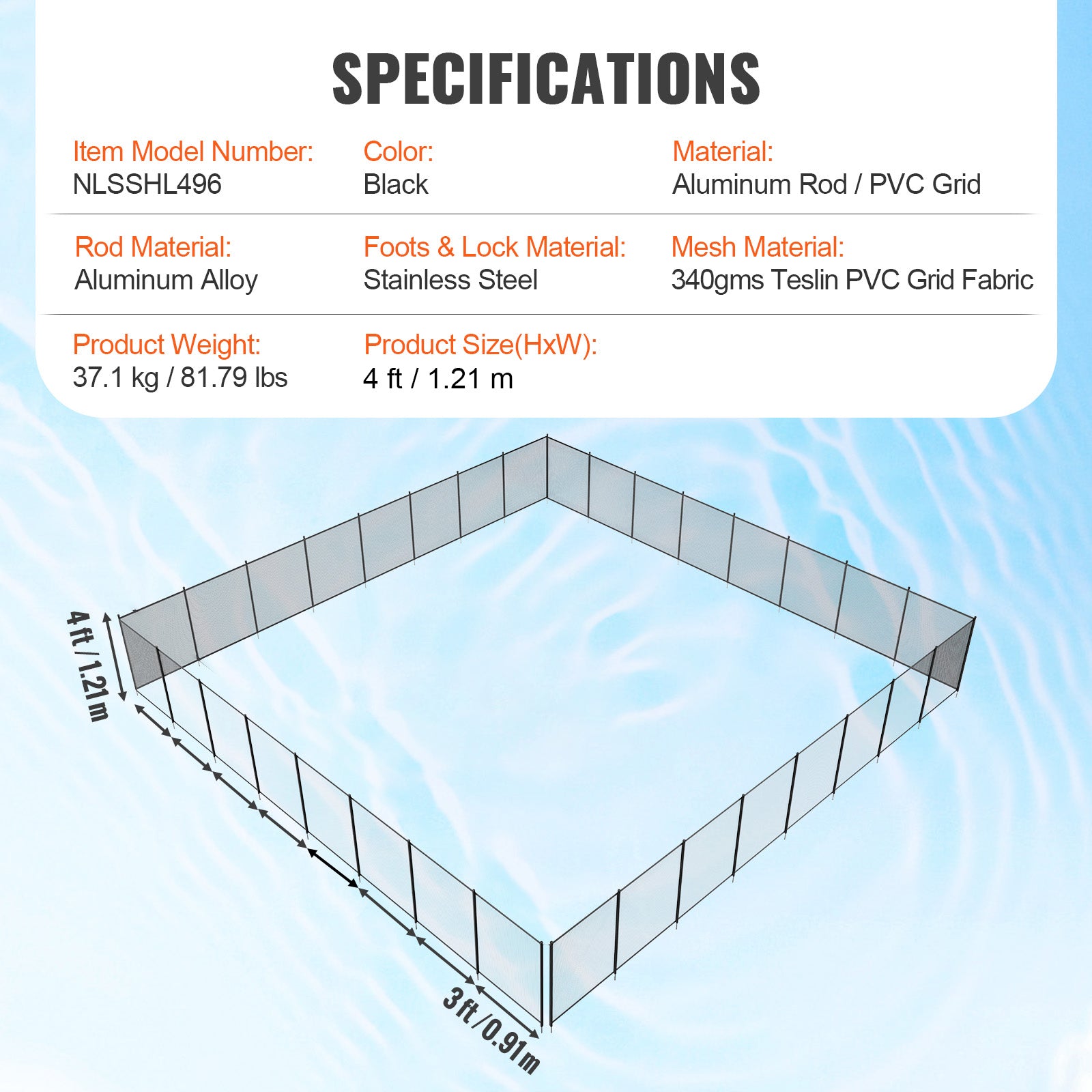 4ft x 96ft Removable Pool Safety Fence — DIY Child & Pet Protection Mesh for Inground Pools Black