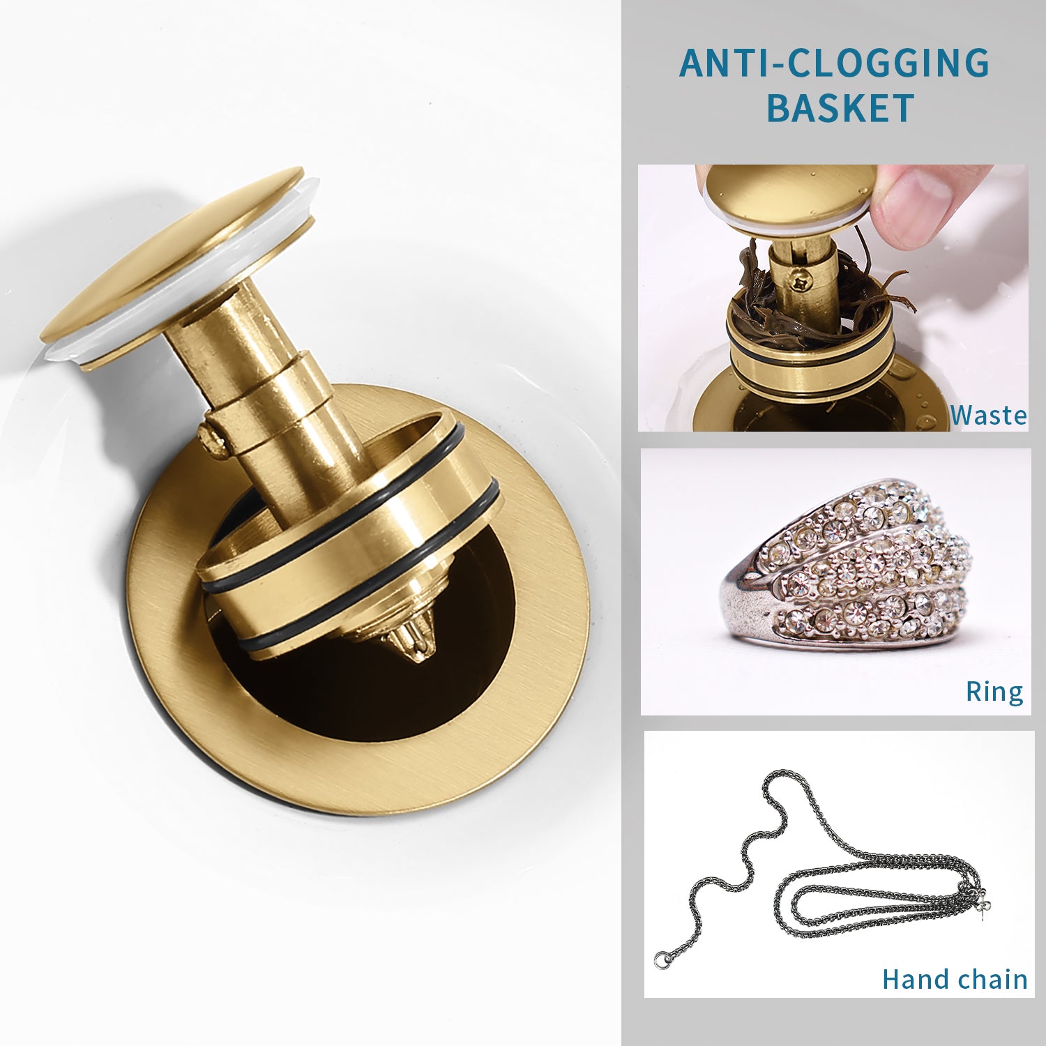 Brushed Gold Pop-Up Sink Drain with Strainer Basket – Anti-Clog, Tool-Free, for Bathroom Vanity