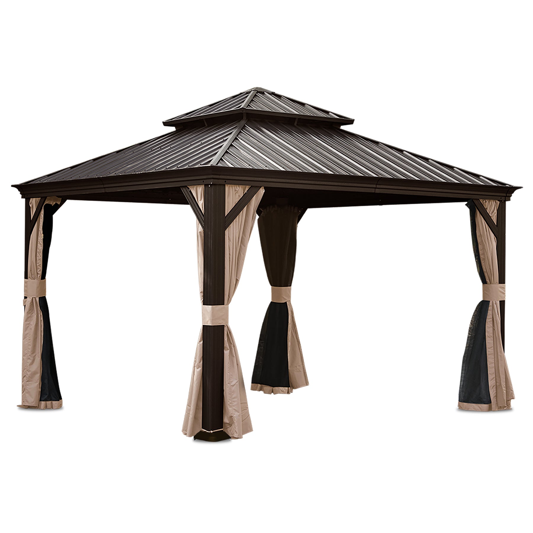 Hardtop Gazebo 13x13 ft with Double Roof, Galvanized Steel Pergola with Drainage, Curtains & Netting, Brown