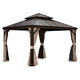 Hardtop Gazebo 13x13 ft with Double Roof, Galvanized Steel Pergola with Drainage, Curtains & Netting, Brown