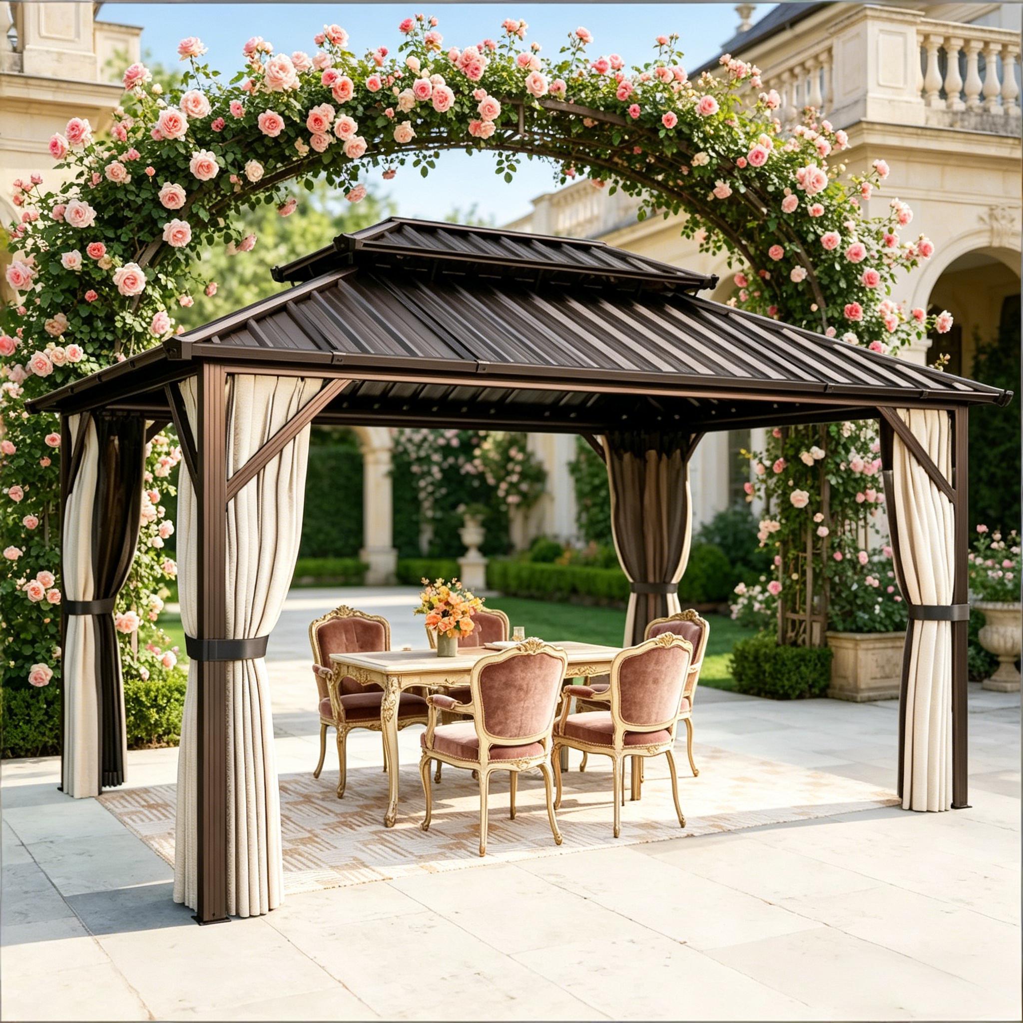 13.7x9.9 FT Hardtop Gazebo, 2-Tier UPF50+ Galvanized Steel Roof, Aluminum Frame, Curtains & Mesh Netting, Black/Brown