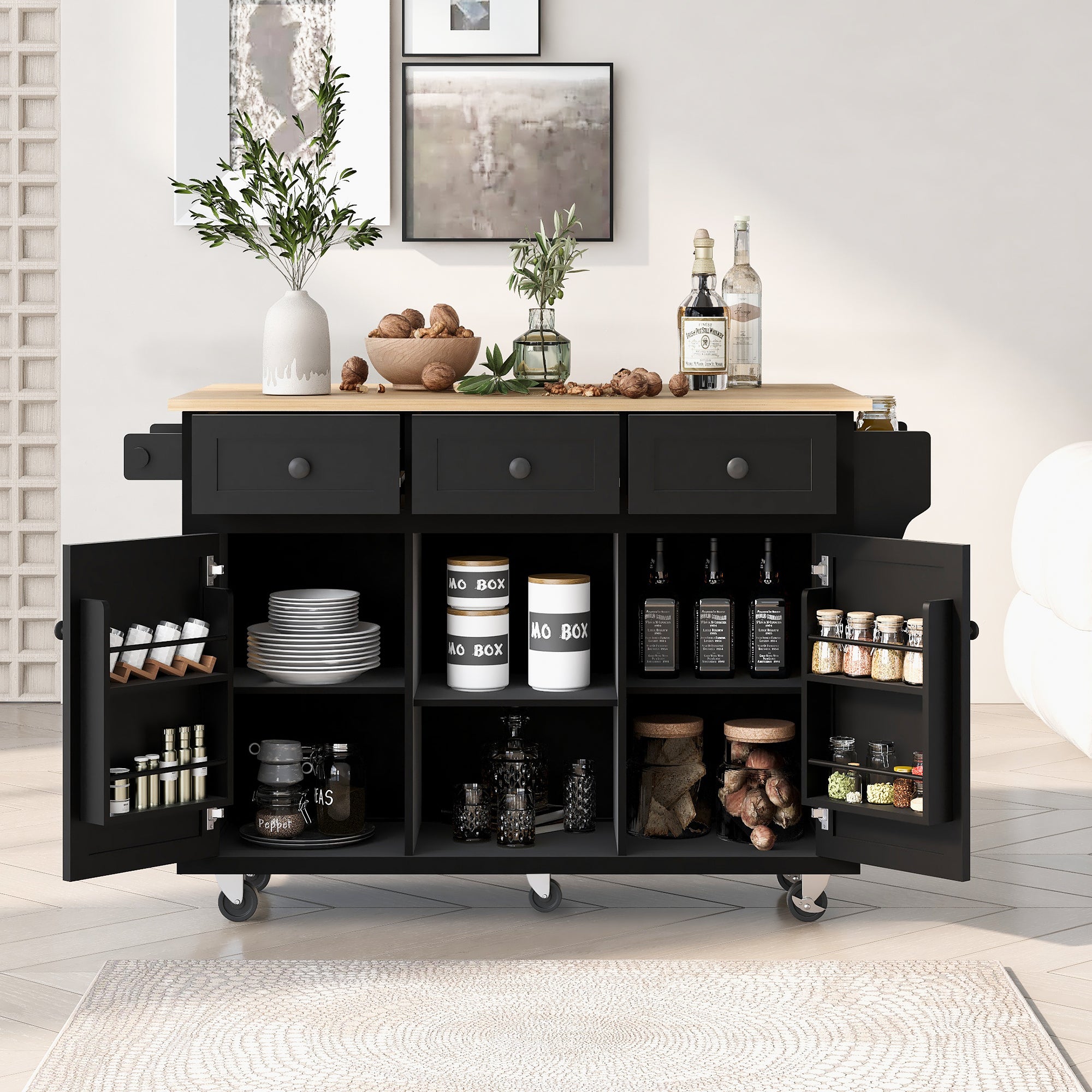 Kitchen Cart with Rubber Wood Drop-Leaf Countertop, 53 in Rolling Kitchen Island with 3 Drawers, Door Storage Racks, 5 Wheels or Cabinet Feet, 400 lb Capacity, Black