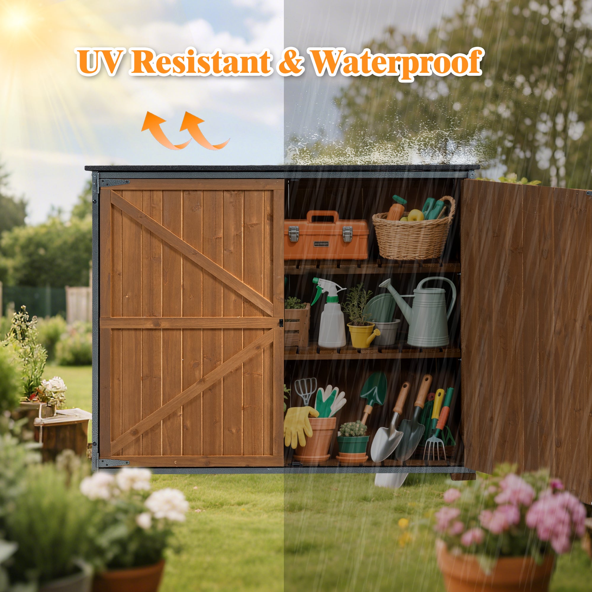 Outdoor Storage Cabinet 50.4"L X 26.8"W X 41"H, Garden Shed Tool Shed with Metal Frame Structure for Backyard Garden Patio Lawn (Brown) 