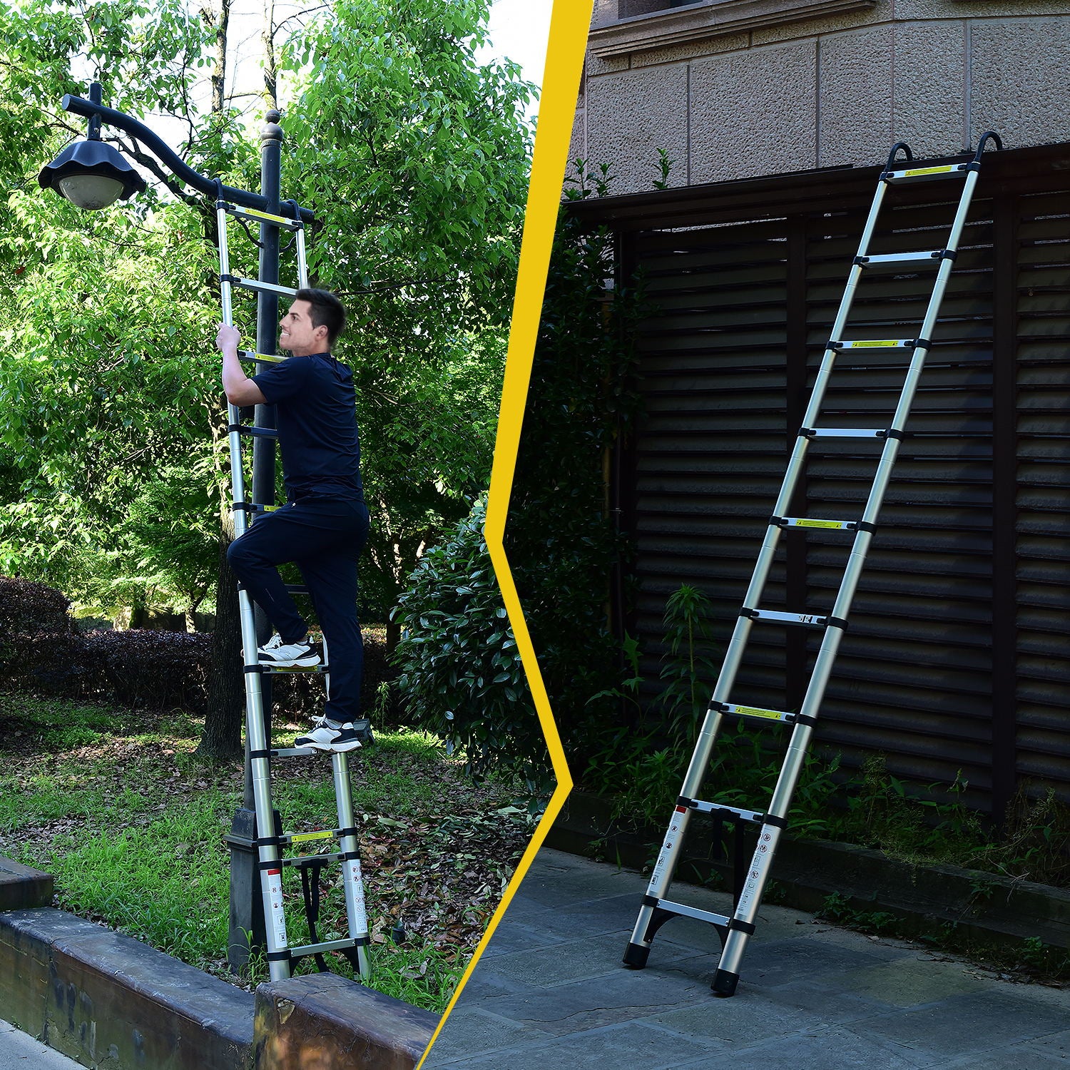 10.5FT Retractable Aluminum Ladder — Dual Locking Rungs, 330 lb Capacity, Antique Silver, Includes Hooks