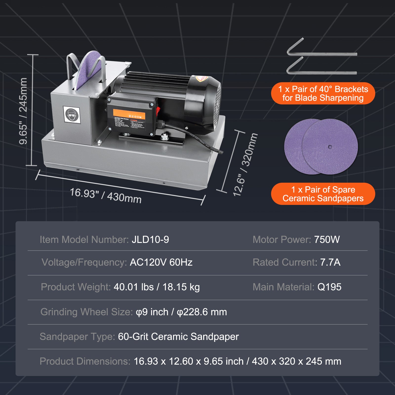 Lawn Mower Blade Sharpener, 1HP 750W Lawnmower Blade Grinder with 9-inch Ceramic Grinding Wheel, Powerful Bench Mower Sharpening Machine for High/Low Lift Blades, Gator Blades, Flat Blades