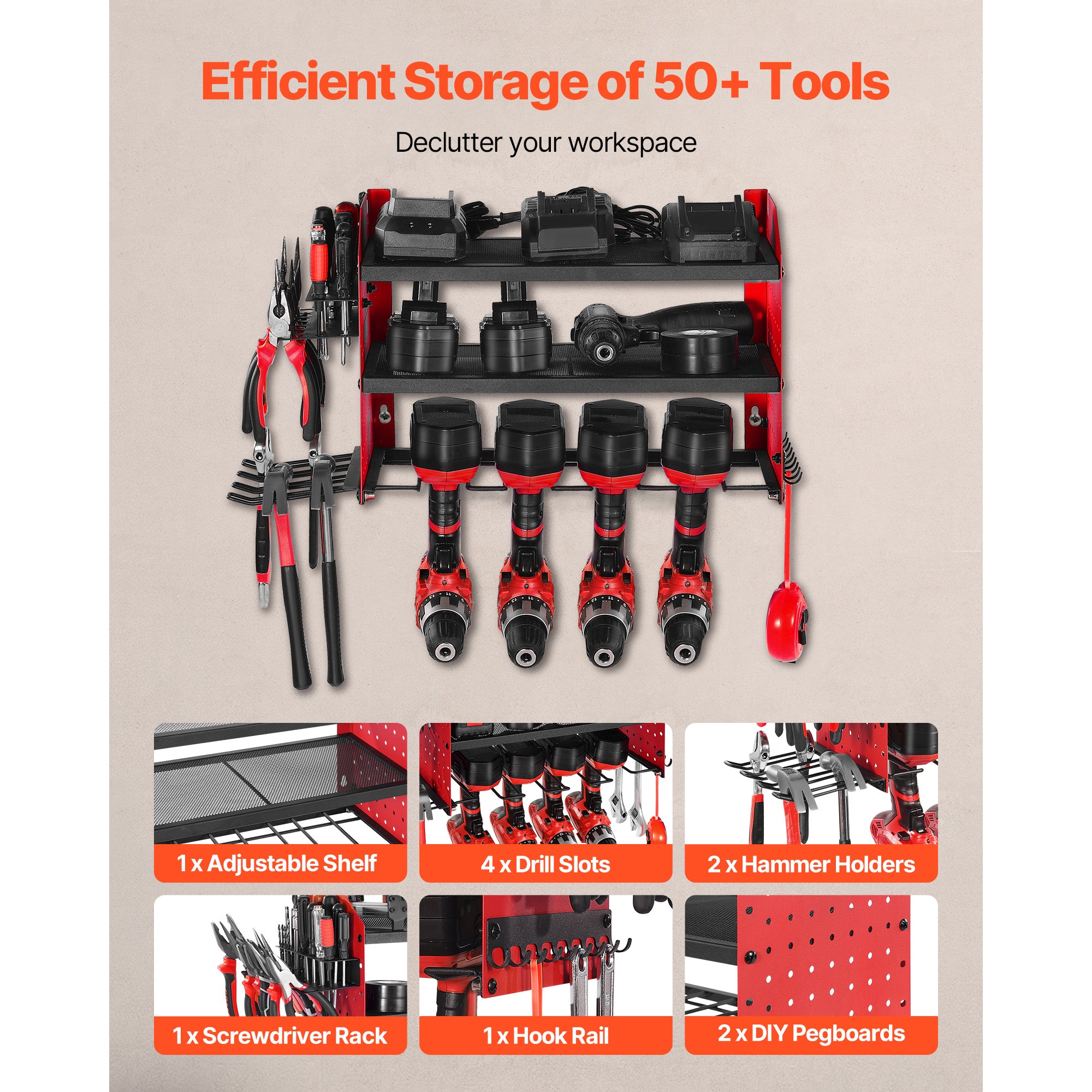 Wall Mount Power Tool Organizer, 3-Tier Rack with 4 Drill Holders & Side Pegboards, 100 lb Capacity, Q235 Steel, Red